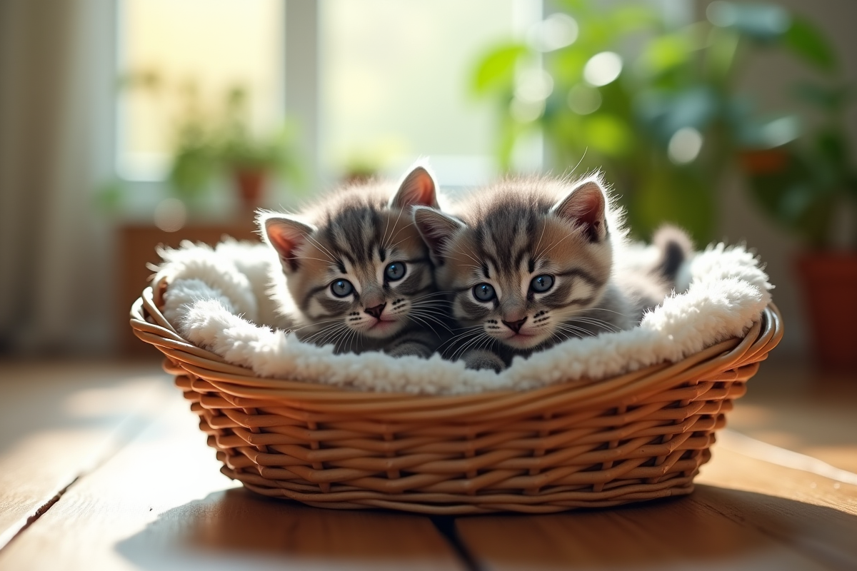 Deux chatons gris aux yeux bleus dans un panier en osier