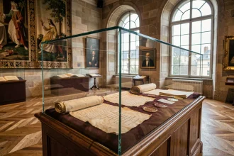 Vitrine de musée présentant des documents historiques et sceaux royaux de l'époque de Louis XIII et Henri IV en France