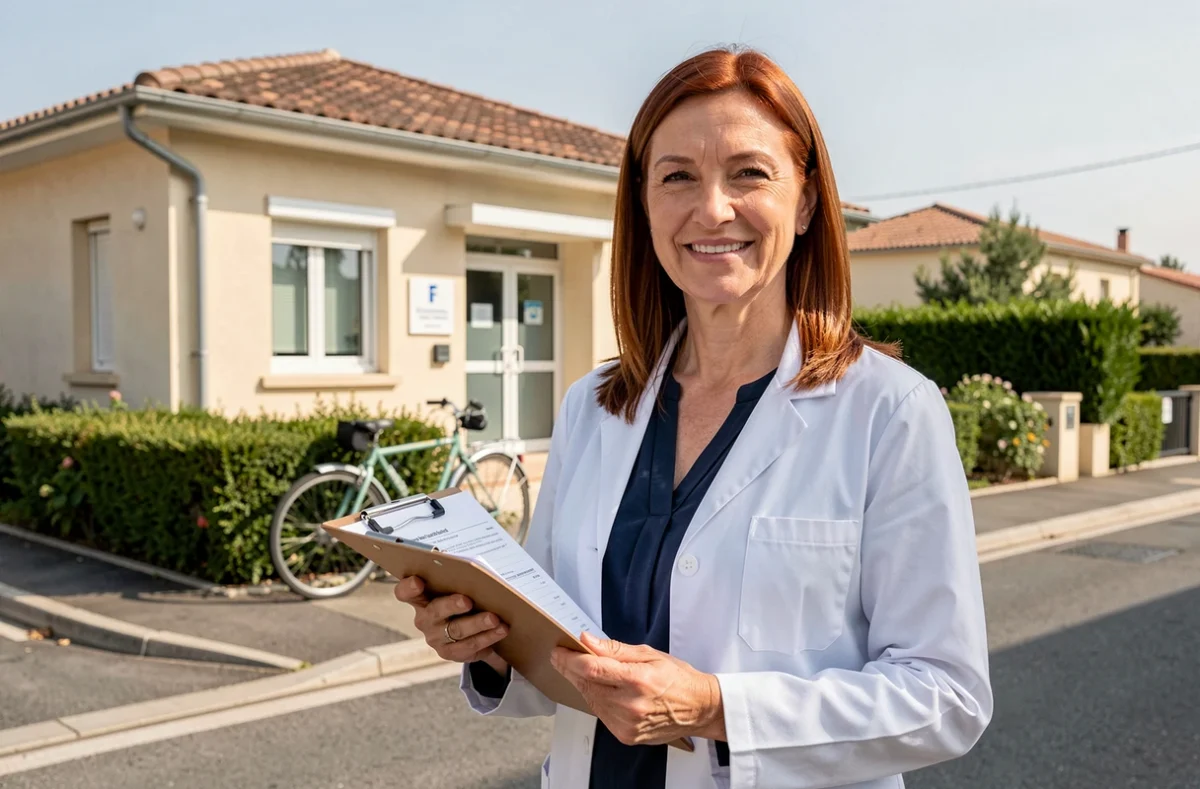 Pédiatre femme aux cheveux auburn tenant un clipboard devant son cabinet médical à Balma près de Toulouse