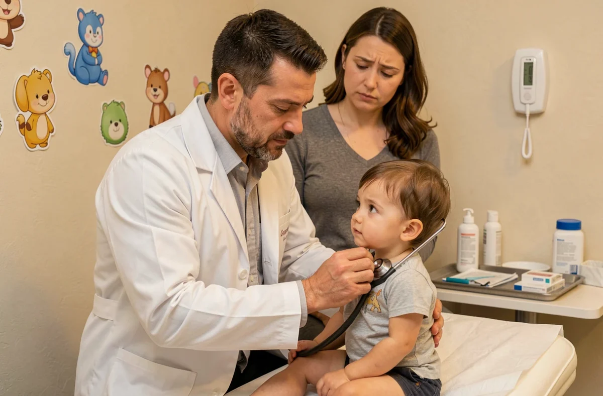 Pédiatre homme barbu auscultant un enfant en bas âge avec un stéthoscope dans un cabinet médical à Toulouse
