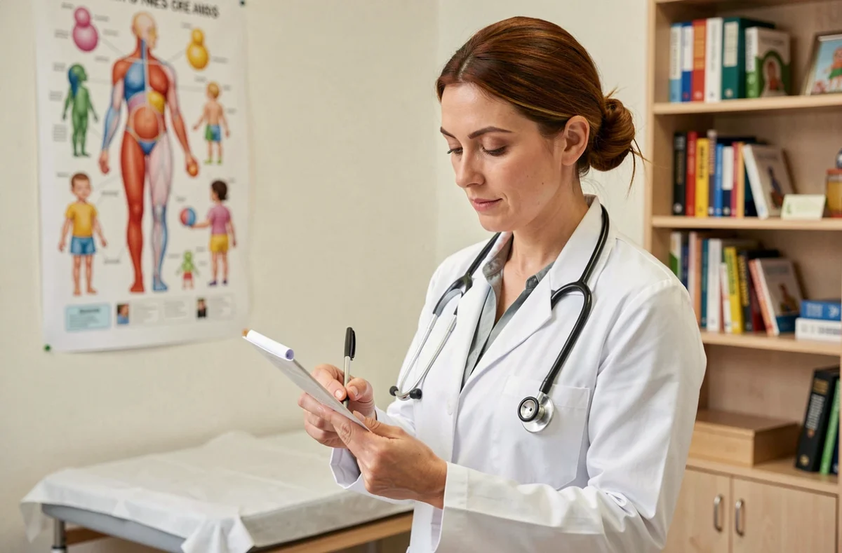 Pédiatre femme avec stéthoscope rédigeant une ordonnance dans son cabinet médical à Toulouse