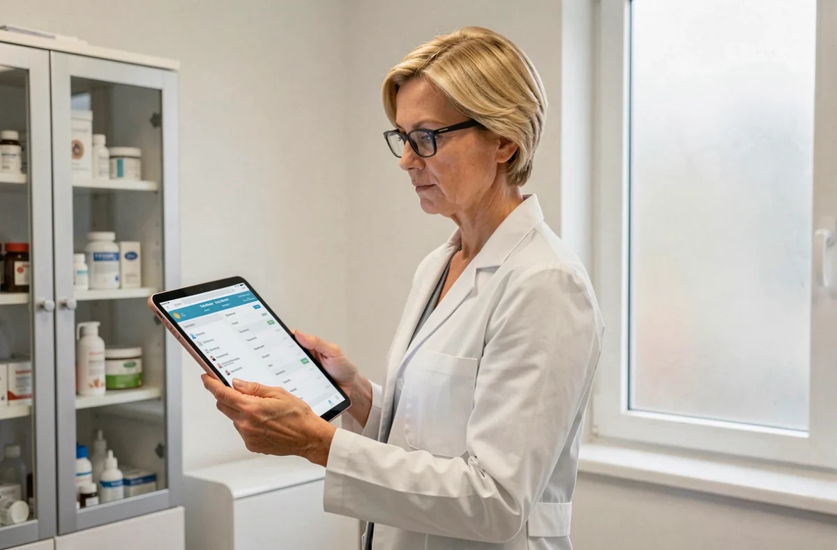 Pédiatre femme blonde avec lunettes tenant une tablette médicale dans son cabinet de consultation à Toulouse