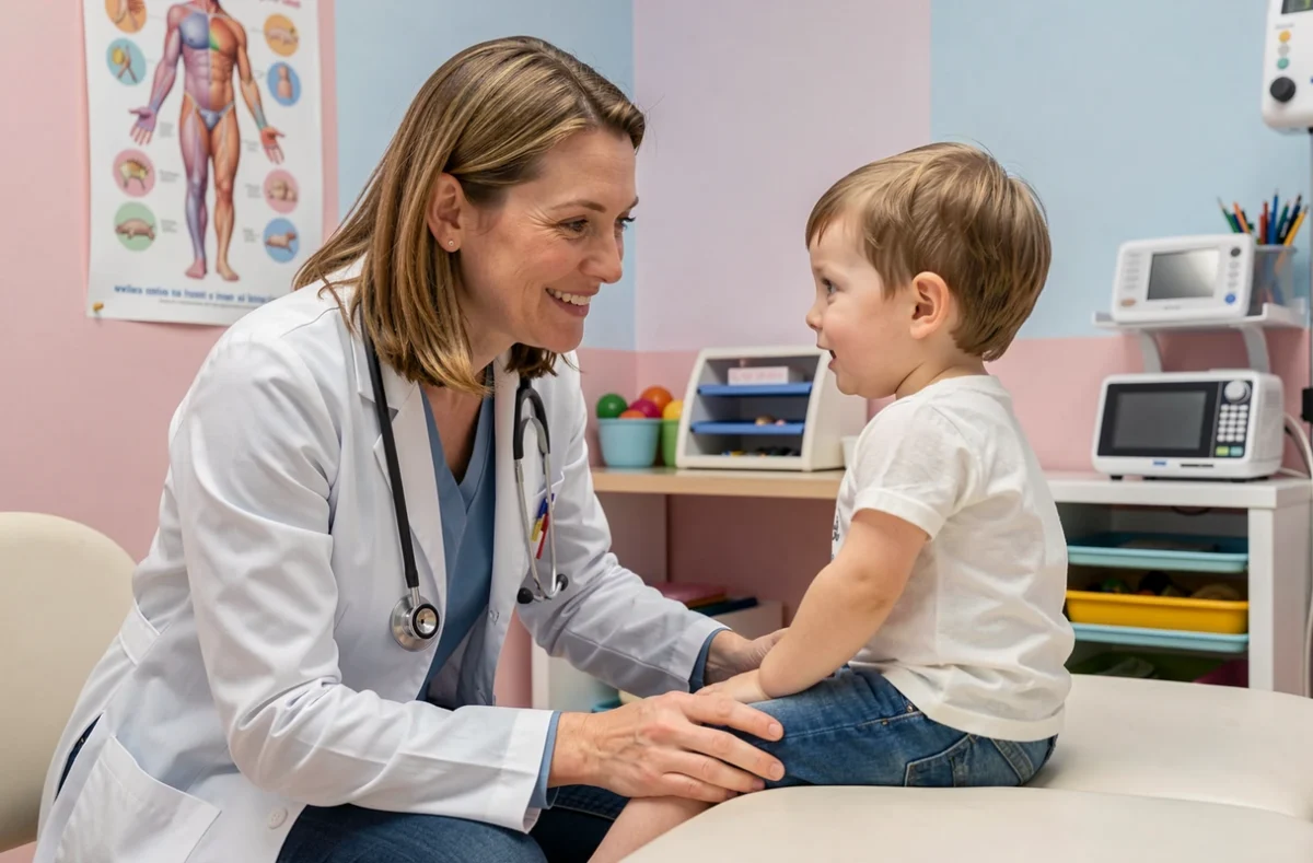 Pédiatre souriante en blouse blanche examinant un enfant assis sur une table de consultation dans un cabinet médical à Toulouse