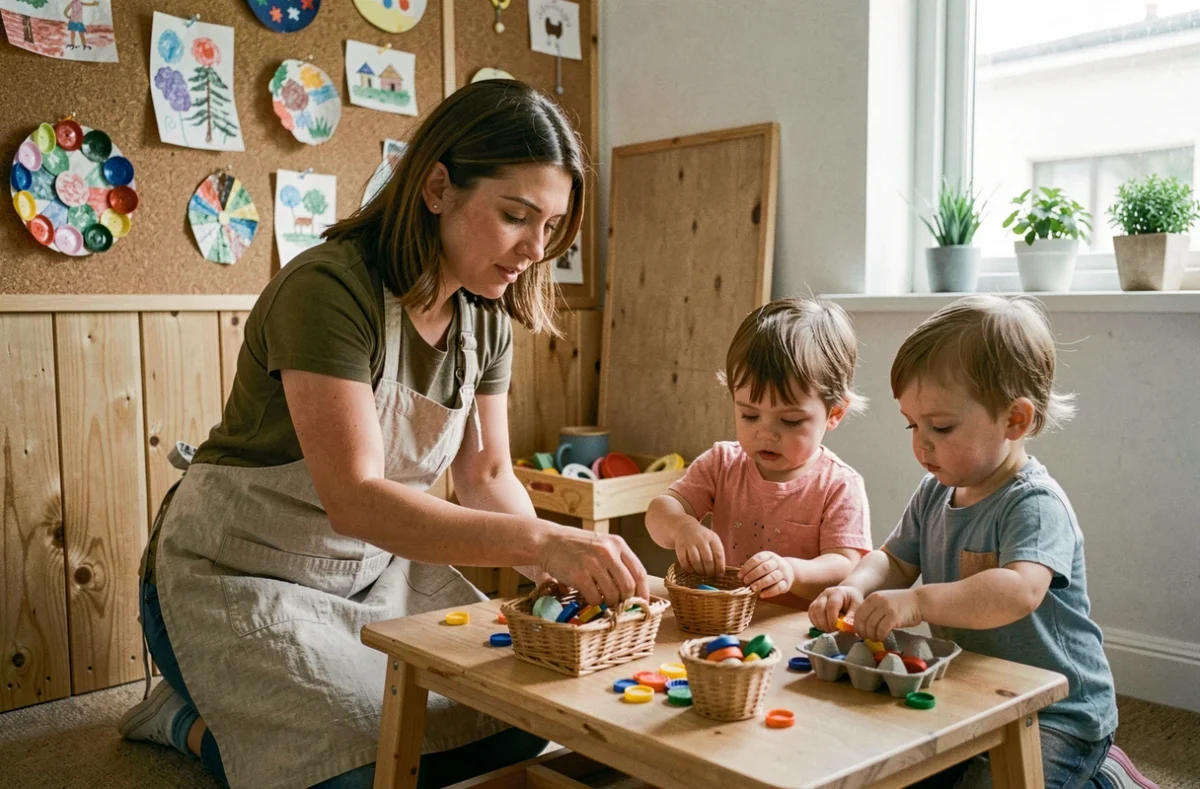 Éducatrice de crèche accompagnant des bébés de 18 mois dans un tri de matériaux recyclés pour une activité d'éveil écologique