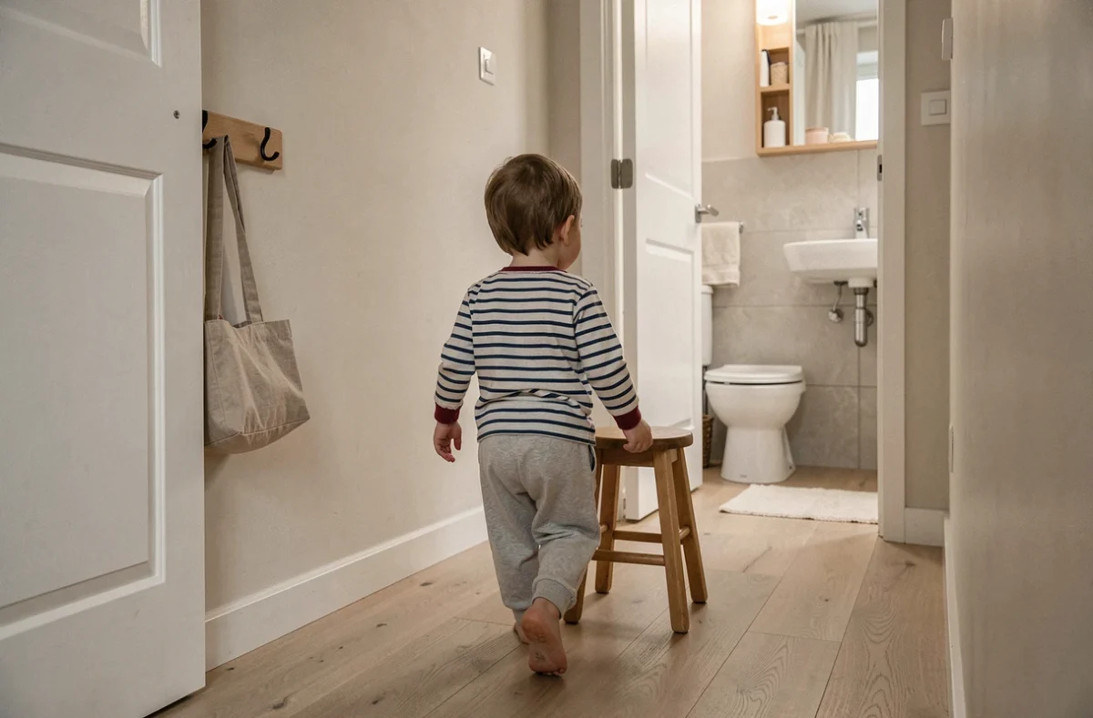 Enfant en bas âge marchant de façon autonome vers la salle de bain dans un couloir maison style Montessori, apprentissage de la propreté en autonomie