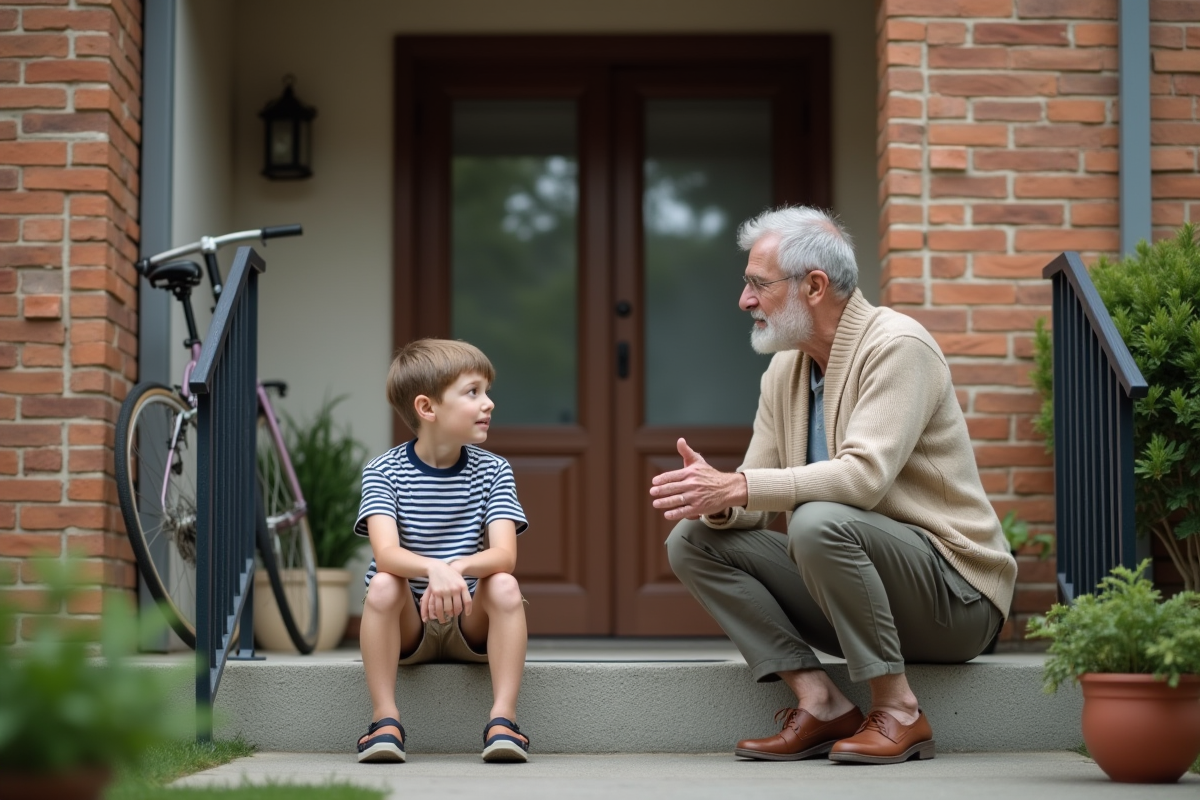 Un garçon écoute un voisin âgé devant un immeuble