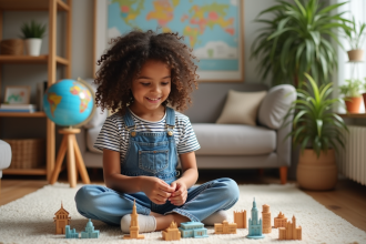 Fille de 6 ans assemble des monuments miniatures dans le salon