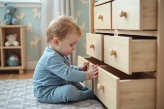 Garçon de 2 ans en pyjama bleu explore une commode sécurisée