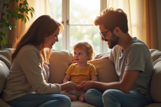 Enfant entre parents sur un canapé lumineux et chaleureux