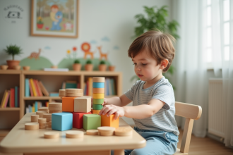Garçon d age préscolaire jouant avec des blocs en bois colorés