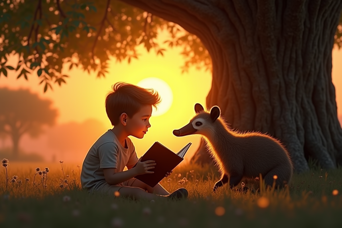 Enfant lisant une histoire à Tibou sous un arbre au coucher du soleil
