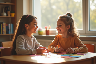 Jeune enfant avec orthophoniste pratiquant la prononciation
