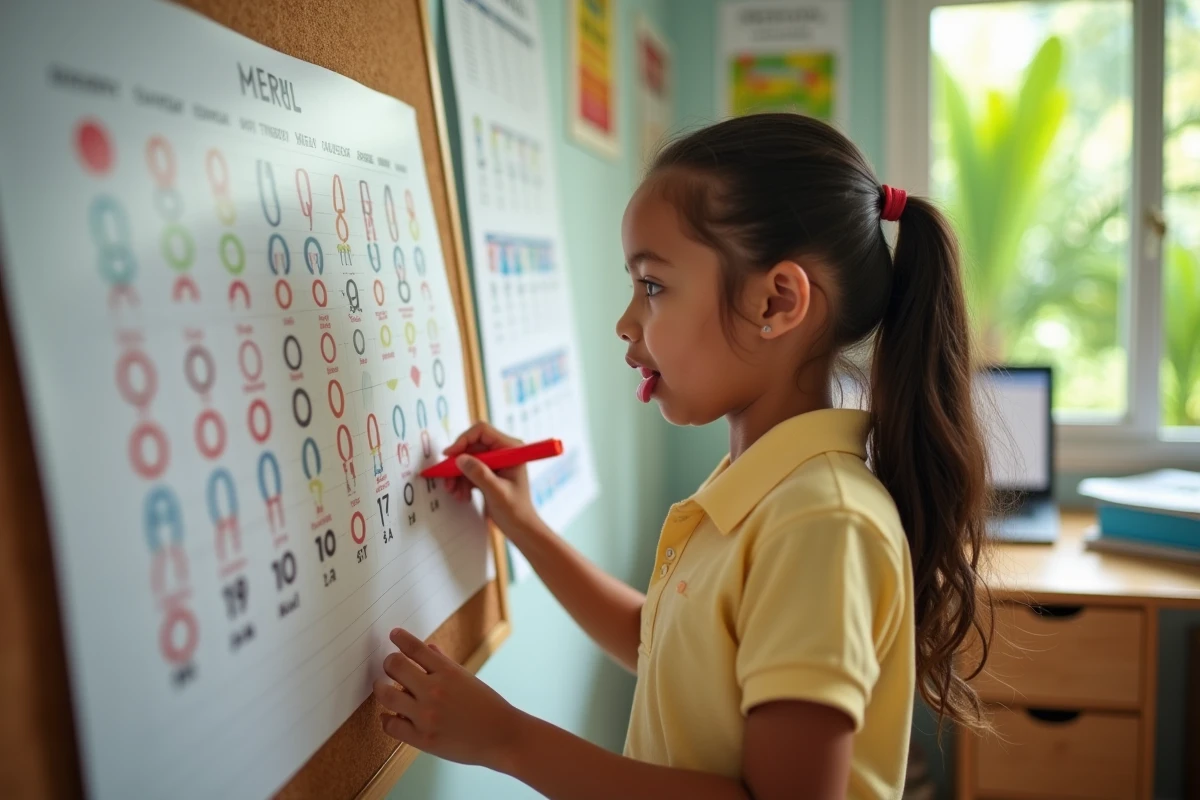 Jeune fille réunionnaise personnalisant un calendrier scolaire 2026 avec des marqueurs colorés affiché sur un tableau en liège dans sa chambre