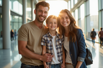 Enfant souriant avec deux adultes dans une mairie lumineuse