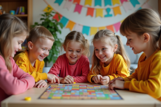 Groupe d'enfants jouant à un jeu de société lors d'un anniversaire