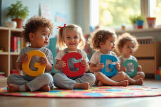 Groupe d'enfants dans une classe lumineuse avec lettres G
