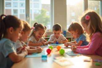 Groupe d'enfants diversifiés en classe lumineuse jouant avec des jeux éducatifs