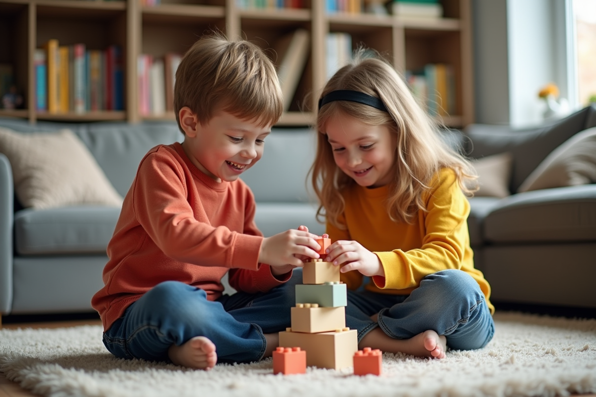 Deux enfants construisent une tour de blocs dans le salon