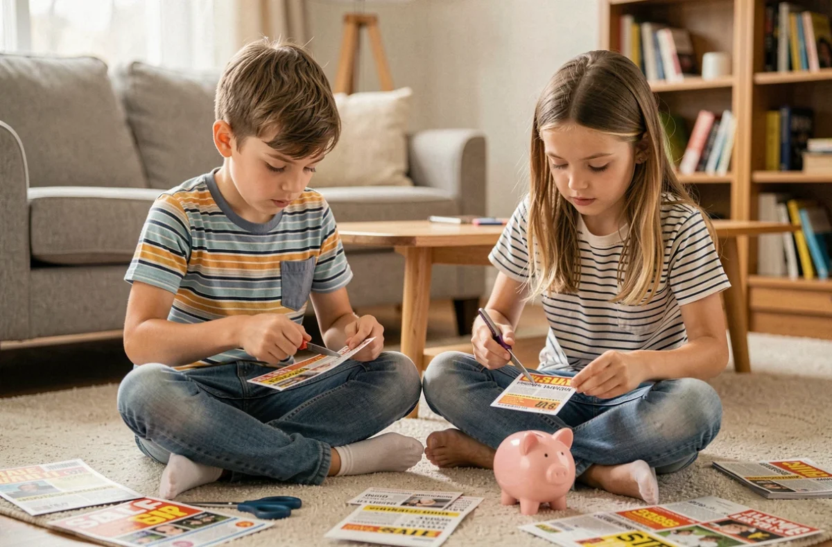 Enfants participant aux économies familiales en découpant des coupons de réduction sur le sol du salon