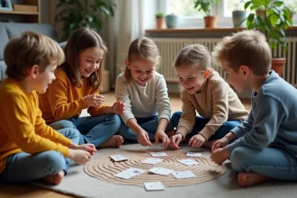 Groupe d'enfants jouant à un jeu coopératif dans un salon chaleureux