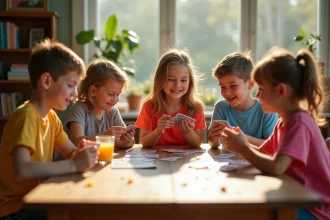 Quatre enfants jouent autour d'une table ensoleillée