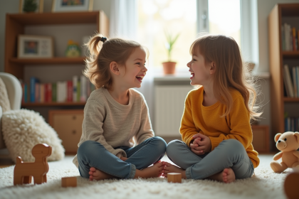 Deux enfants rient assis sur un tapis de salon avec jouets