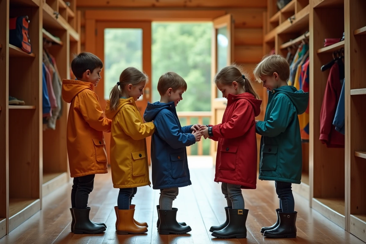 Enfants en veste colorée comparant des GPS dans un couloir