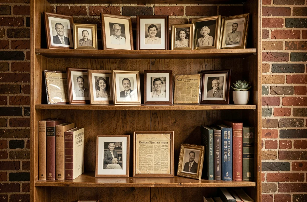 Étagère vintage avec portraits de famille encadrés et coupures de presse, symbolisant l'héritage familial et les rumeurs médiatiques