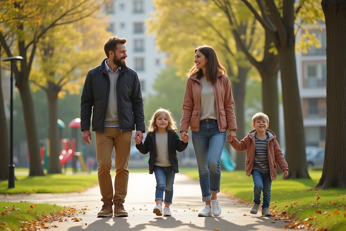 Famille marchant dans un parc urbain au printemps