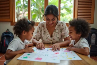 Mère réunionnaise et ses enfants consultant un calendrier des vacances scolaires imprimé et personnalisé sur une table en bois