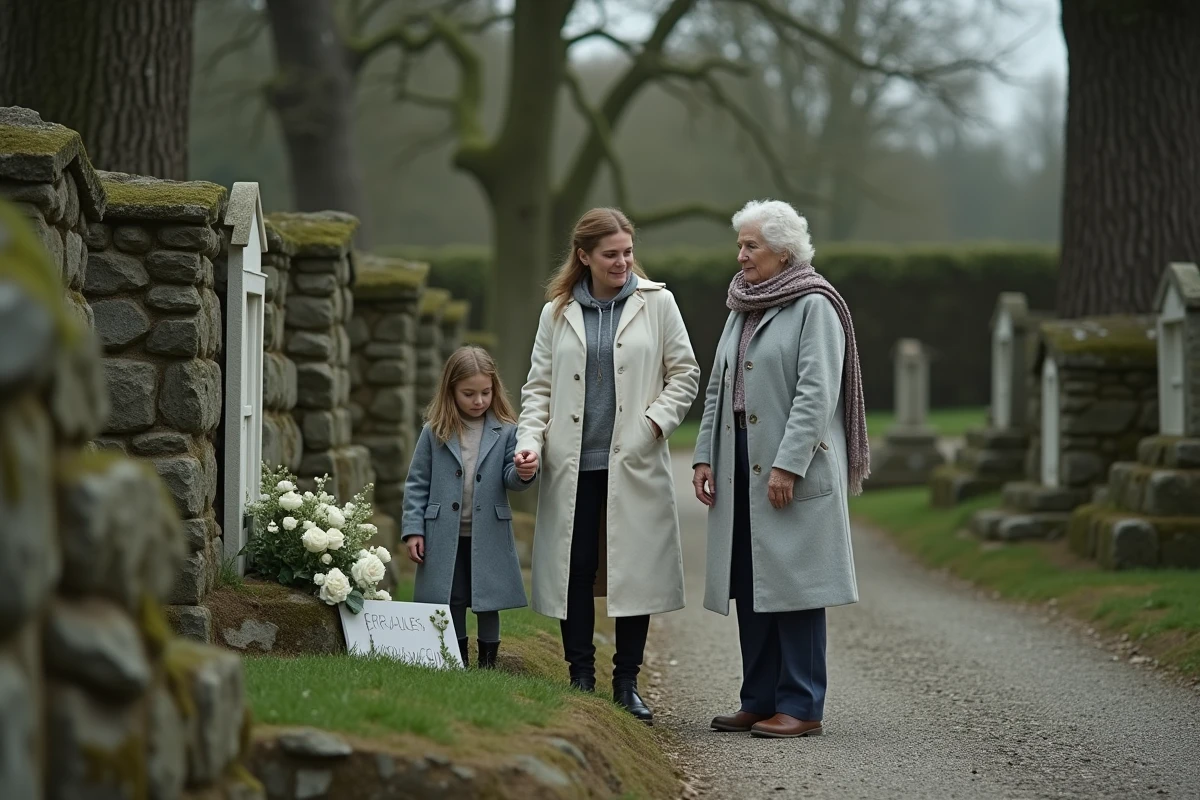Famille déposant des roses blanches et un poème manuscrit sur la tombe d'une grand-mère au cimetière