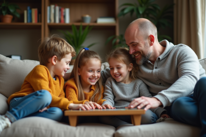 Famille de quatre jouant à un jeu de société dans le salon