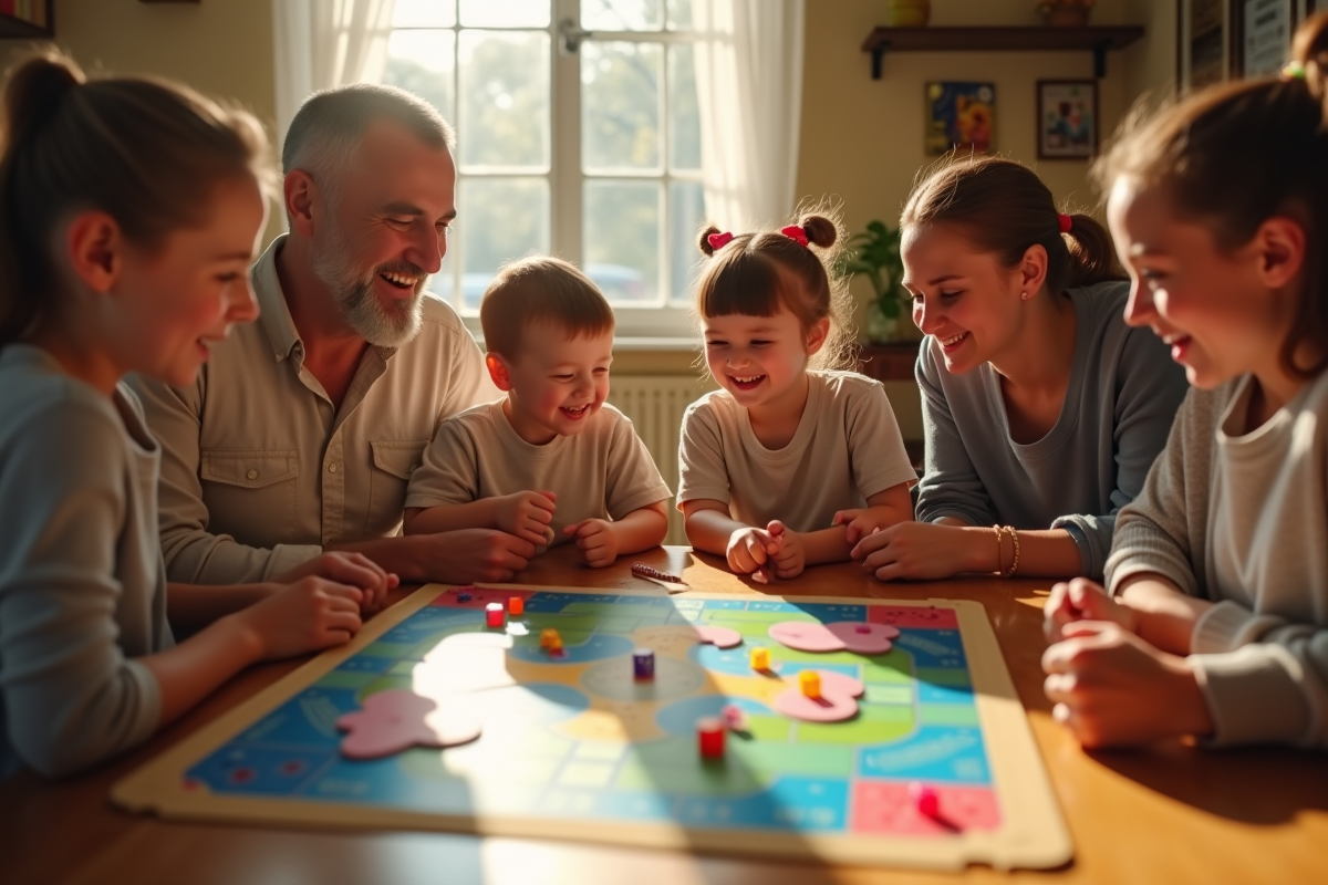 Famille jouant au jeu de société avec dés et pièces