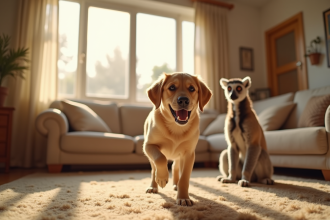 Moment familial dans un salon ensoleille avec labrador et lémurien