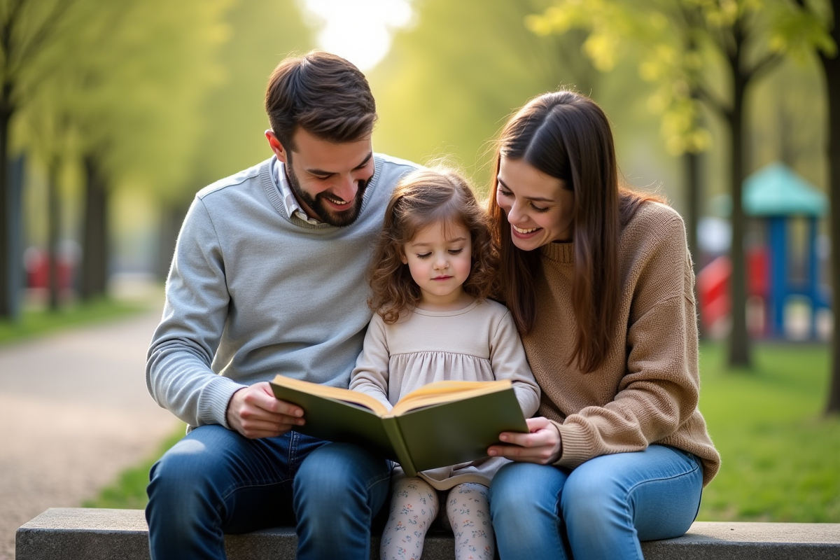 Parents et enfant lisant un livre dans un parc en famille