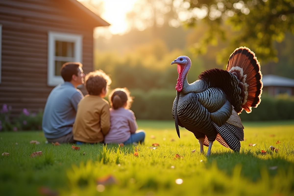 Famille regardant une dinde dans un jardin ensoleille