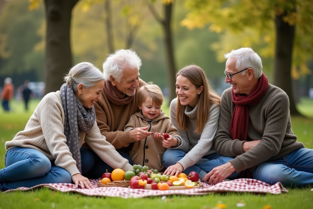 Famille multigeneration partageant un pique-nique dans un parc