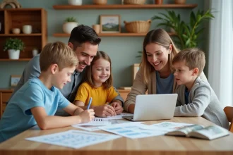 Famille de quatre autour d'une table en intérieur