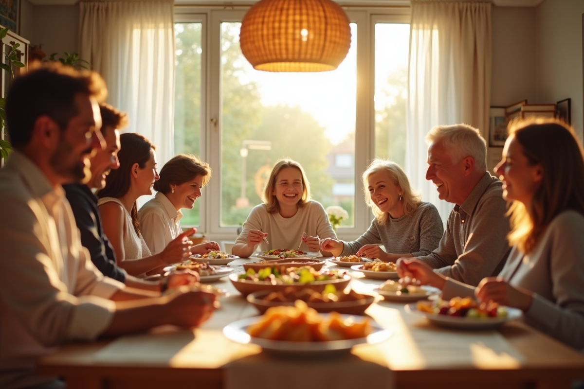 Famille multigeneration partageant un repas en famille ensoleillée