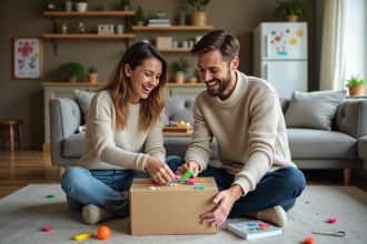 Jeune couple préparant une surprise en famille dans le salon