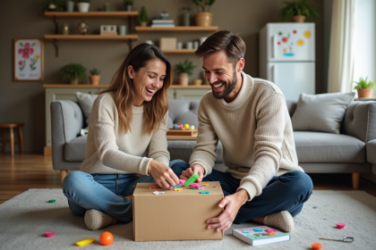 Jeune couple préparant une surprise en famille dans le salon
