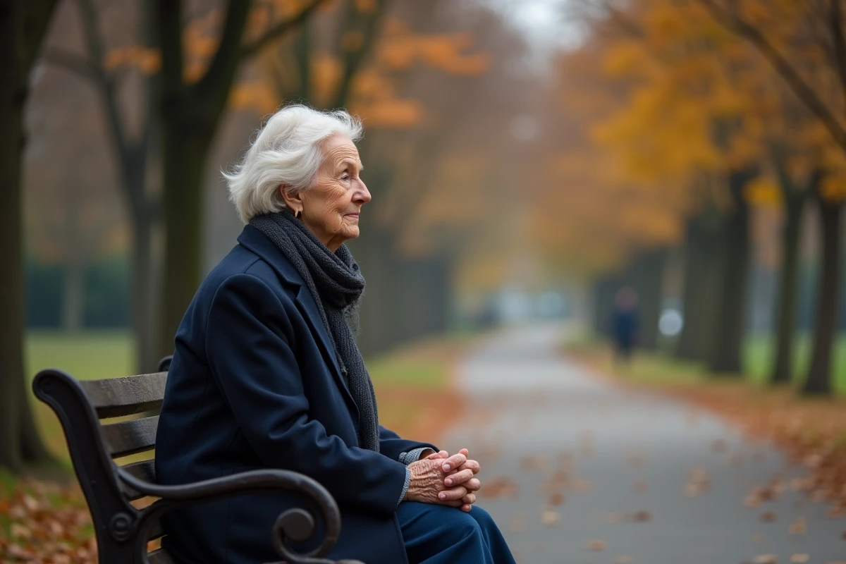 Femme âgée assise seule sur un banc de parc en automne, regard perdu dans le vague, évoquant la solitude et la distance émotionnelle avec sa fille