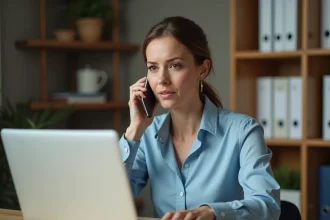 Femme au bureau à domicile téléphonant à l'Urssaf Pajemploi depuis son smartphone avec un ordinateur portable ouvert