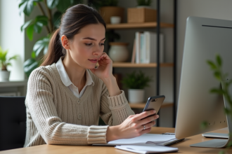 Femme en bureau moderne avec smartphone et notepad