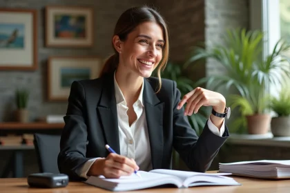 Femme méditerranéenne en blazer dans un bureau lumineux