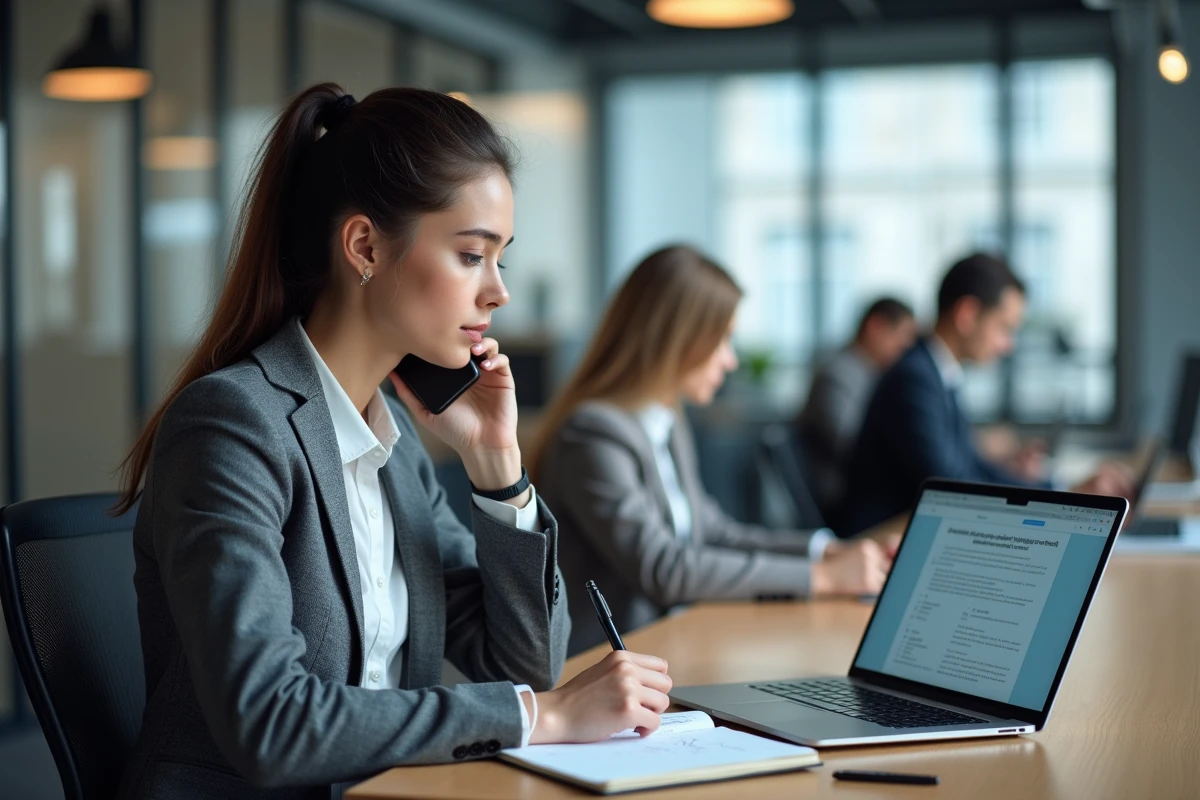 Jeune femme en espace de coworking au téléphone avec l'Urssaf consultant le site Pajemploi sur son ordinateur portable