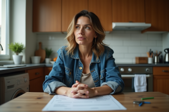 Femme pensant avec papiers de divorce dans une cuisine chaleureuse