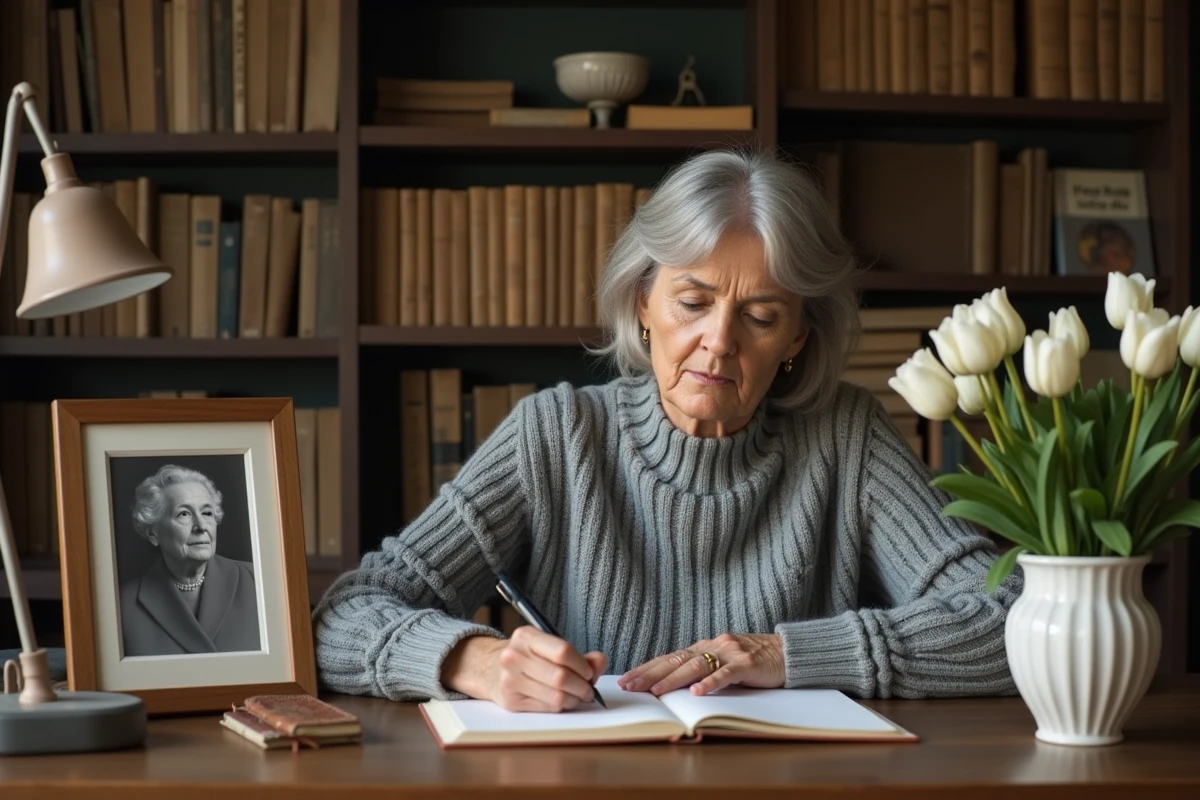 Femme écrivant un poème d'hommage à sa grand-mère décédée avec une photo en noir et blanc sur le bureau