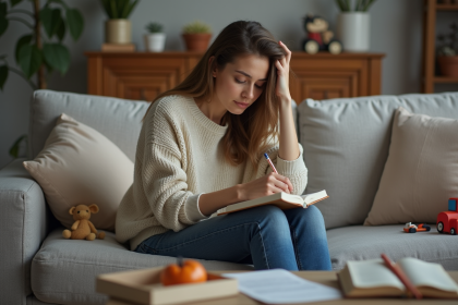 Femme écrivant dans un journal dans un salon chaleureux
