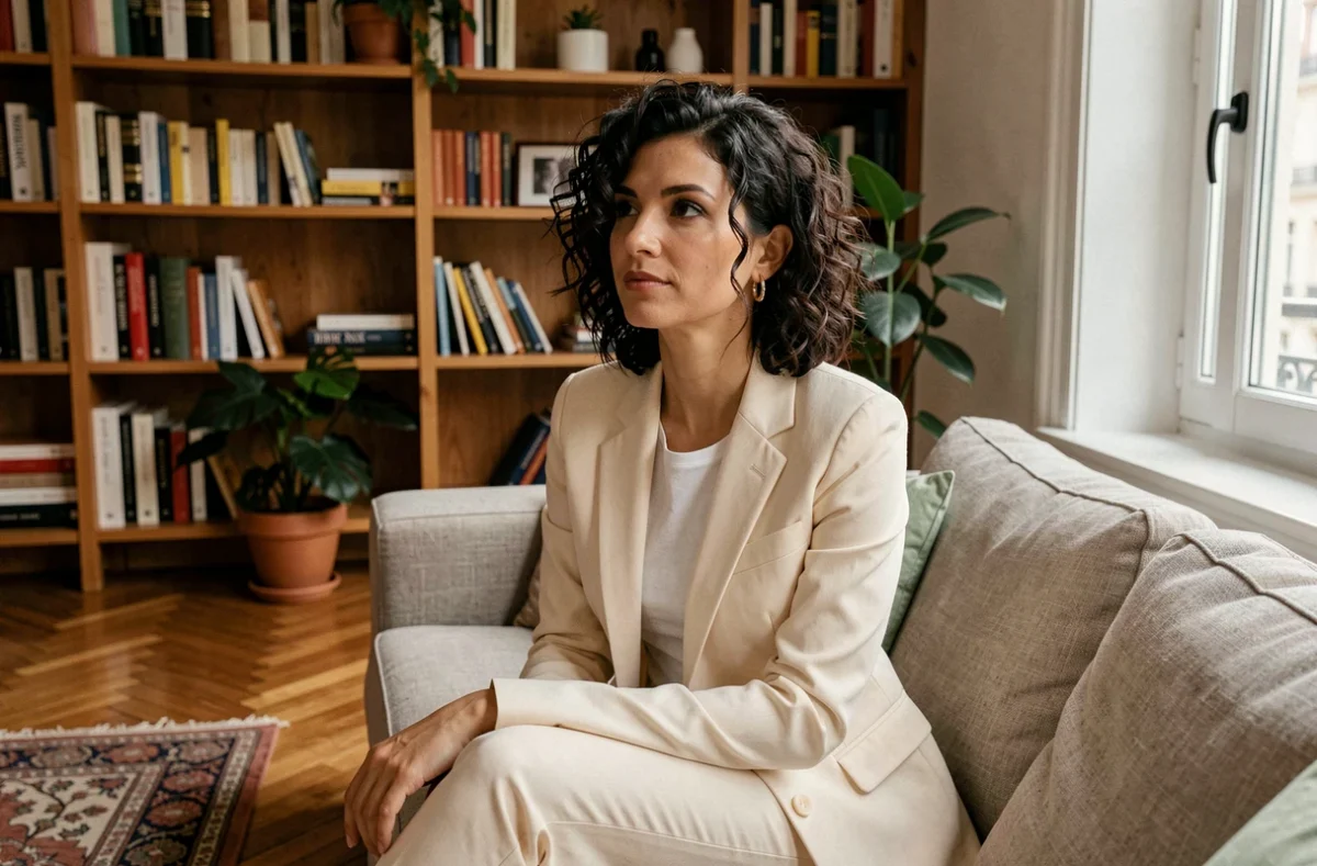 Femme élégante et pensive dans un appartement parisien contemporain, évoquant la vie privée d'une personnalité médiatique française